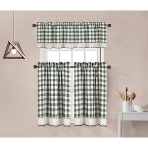 Decotex 3 Piece Buffalo Check Plaid Gingham Crochet Lace Trimmed Kitchen Window